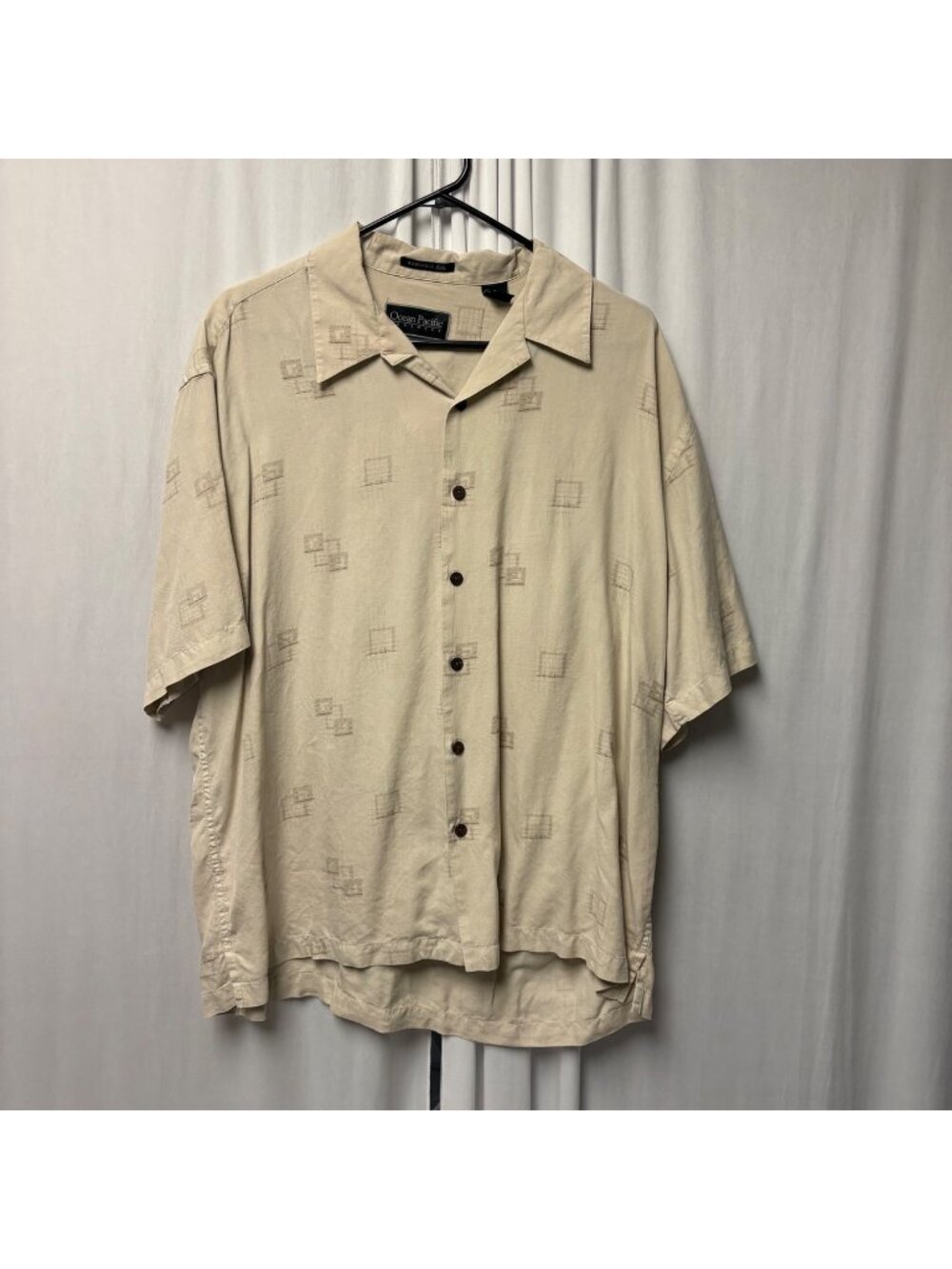 Ocean Pacific Silk Button-Up Shirt Mens Size XL Beige Washable Tropical Hawaiian